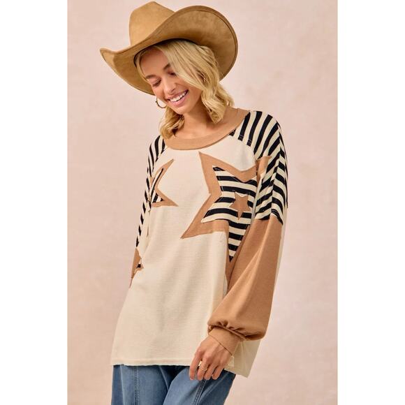 BiBi Star Patchwork Mixed Round Neck Long Sleeves Oversized Sweatshirt | Oatmeal - Picture 9 of 10